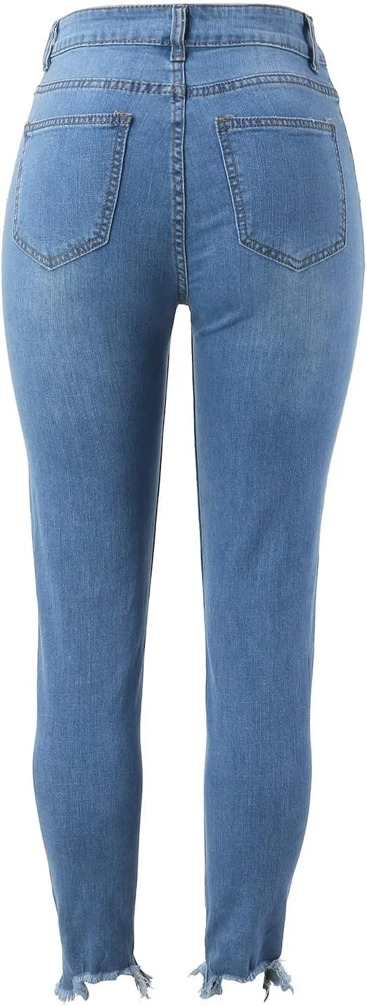 Womens Button Fly Jeans Skinny Stretchy Frayed Raw Hem Denim Pants High Waisted Straight Leg Mom Jeggings Jeans