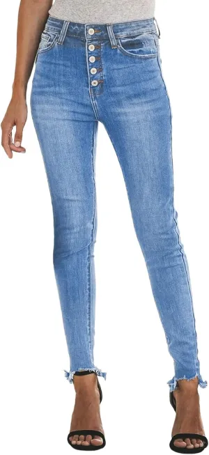 Womens Button Fly Jeans Skinny Stretchy Frayed Raw Hem Denim Pants High Waisted Straight Leg Mom Jeggings Jeans