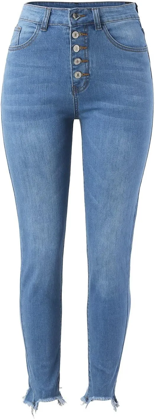 Womens Button Fly Jeans Skinny Stretchy Frayed Raw Hem Denim Pants High Waisted Straight Leg Mom Jeggings Jeans