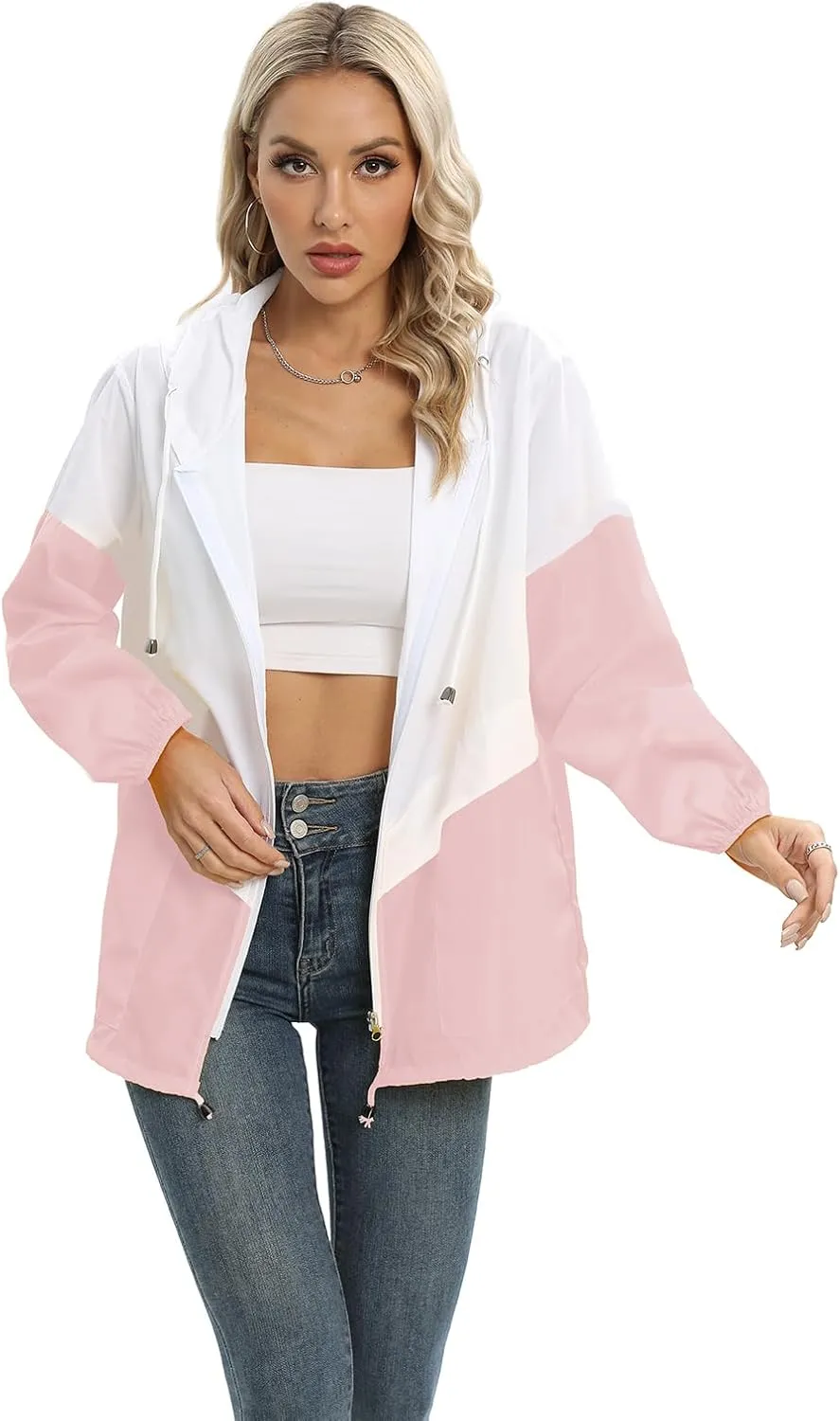 Womens Casual Jacket Waterproof Raincoat Lightweight Rain Jacket Hooded Windbreaker Outerwear with Pockets