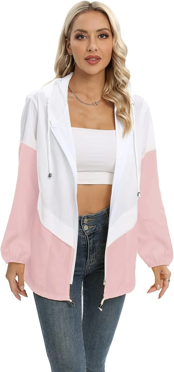 Womens Casual Jacket Waterproof Raincoat Lightweight Rain Jacket Hooded Windbreaker Outerwear with Pockets