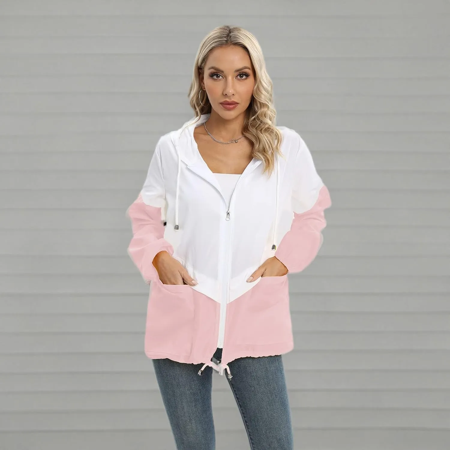 Womens Casual Jacket Waterproof Raincoat Lightweight Rain Jacket Hooded Windbreaker Outerwear with Pockets