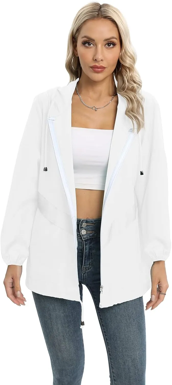 Womens Casual Jacket Waterproof Raincoat Lightweight Rain Jacket Hooded Windbreaker Outerwear with Pockets