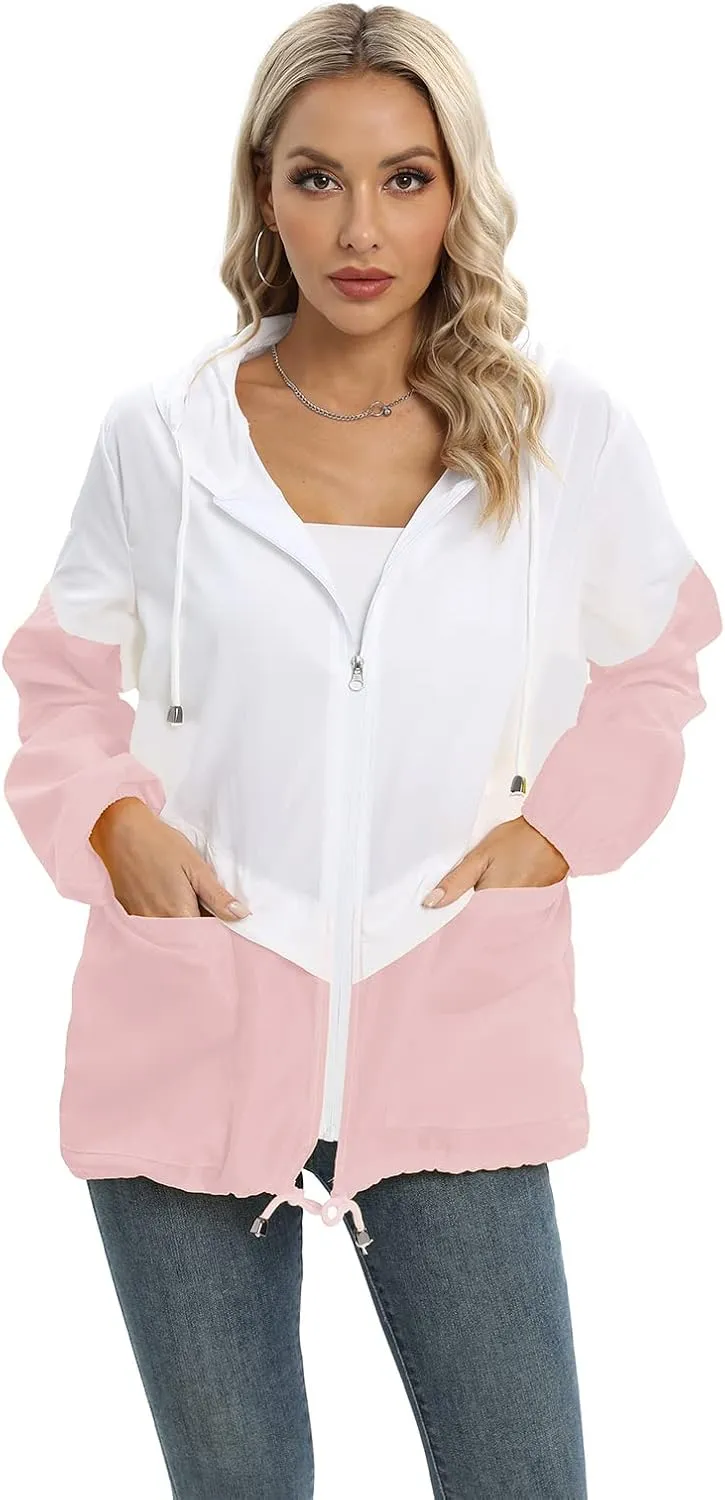 Womens Casual Jacket Waterproof Raincoat Lightweight Rain Jacket Hooded Windbreaker Outerwear with Pockets
