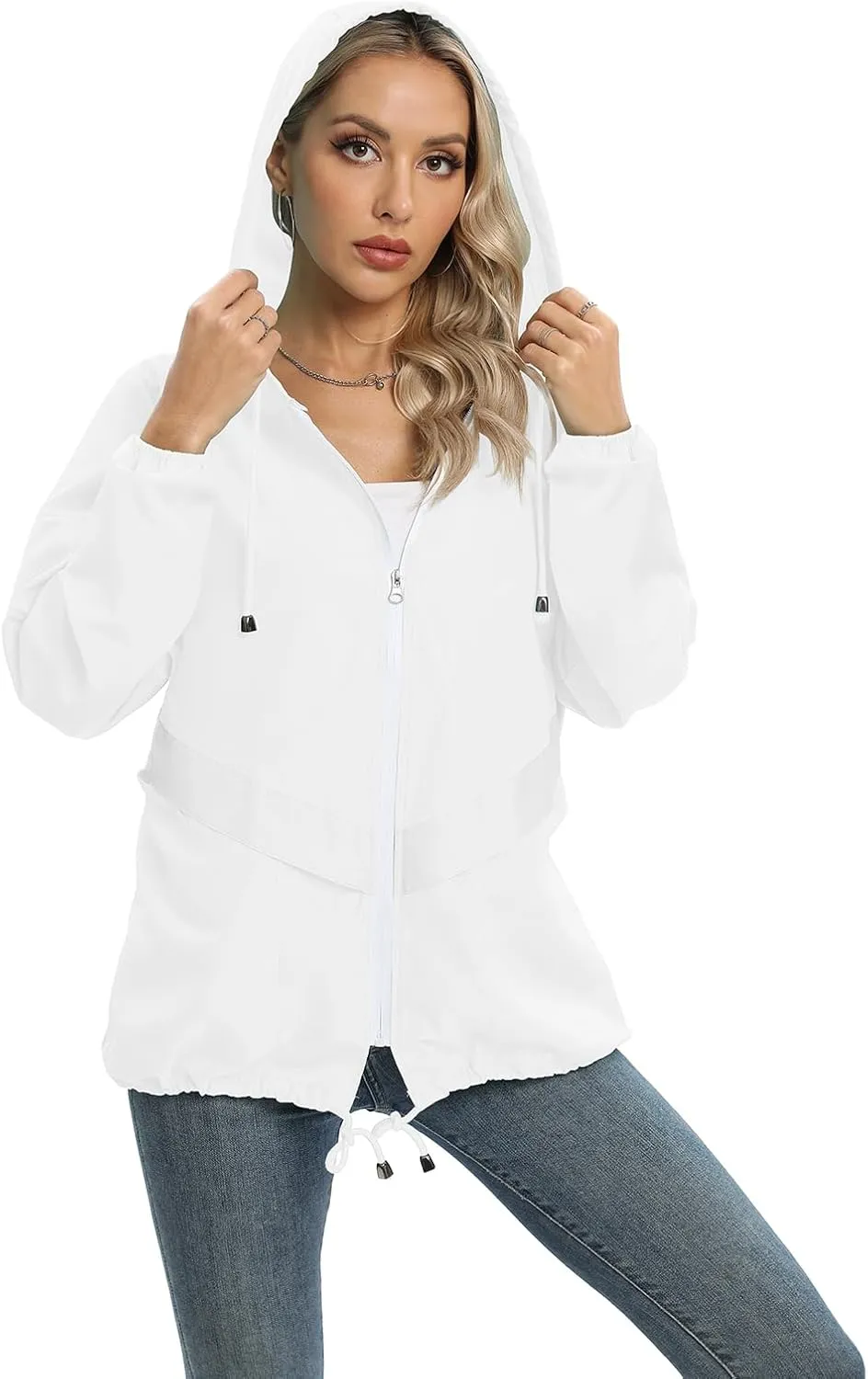 Womens Casual Jacket Waterproof Raincoat Lightweight Rain Jacket Hooded Windbreaker Outerwear with Pockets