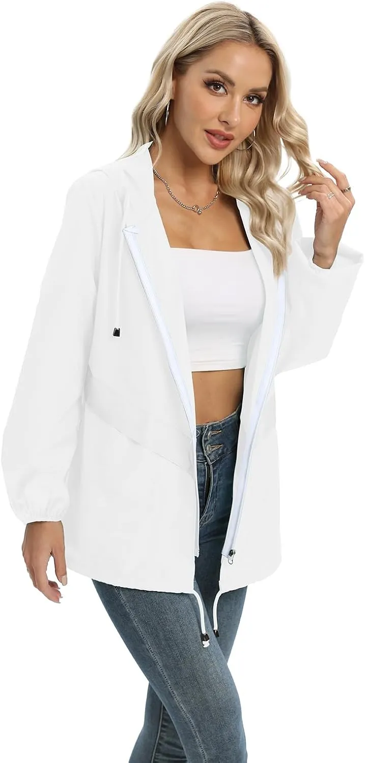 Womens Casual Jacket Waterproof Raincoat Lightweight Rain Jacket Hooded Windbreaker Outerwear with Pockets