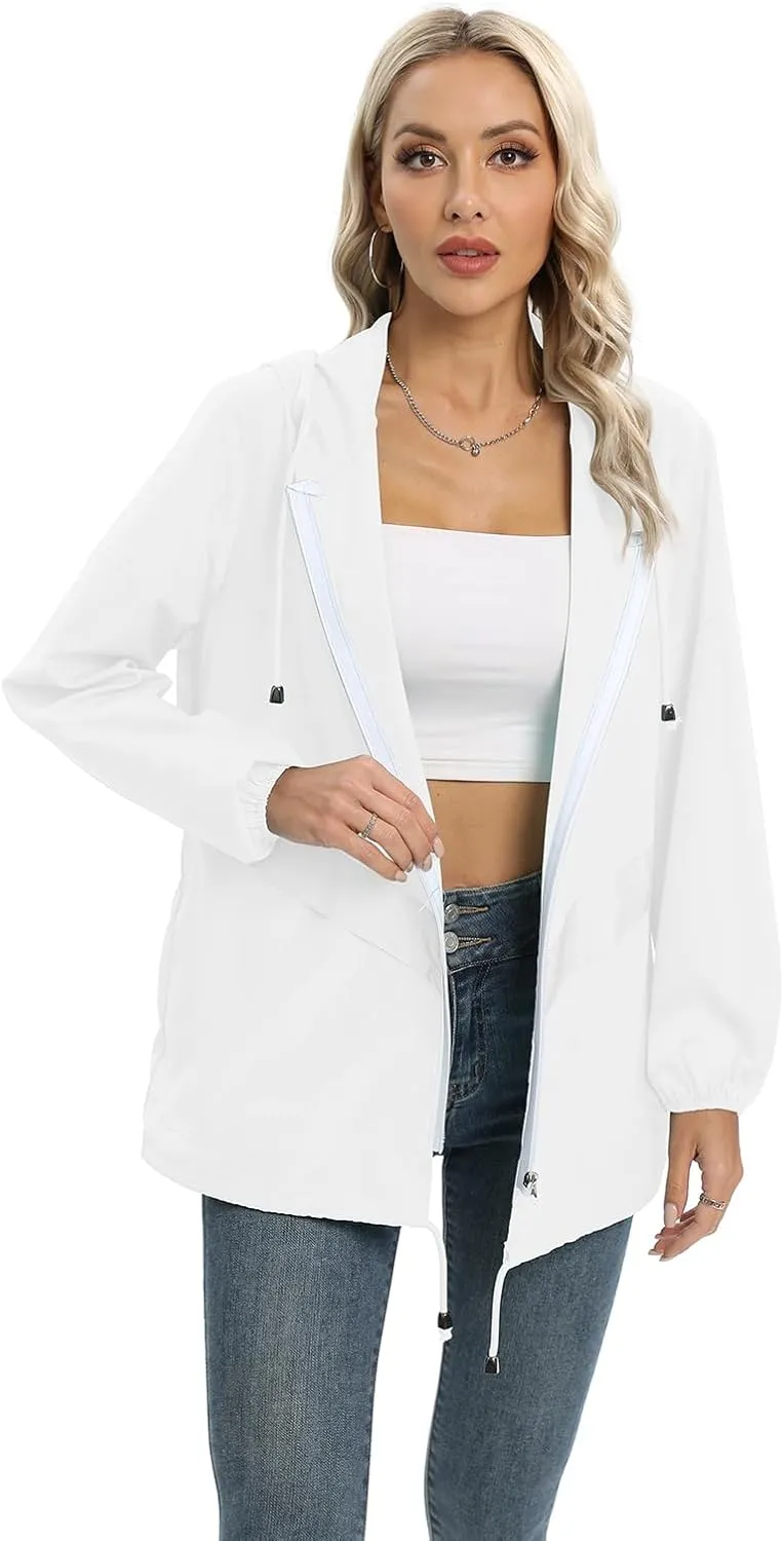 Womens Casual Jacket Waterproof Raincoat Lightweight Rain Jacket Hooded Windbreaker Outerwear with Pockets