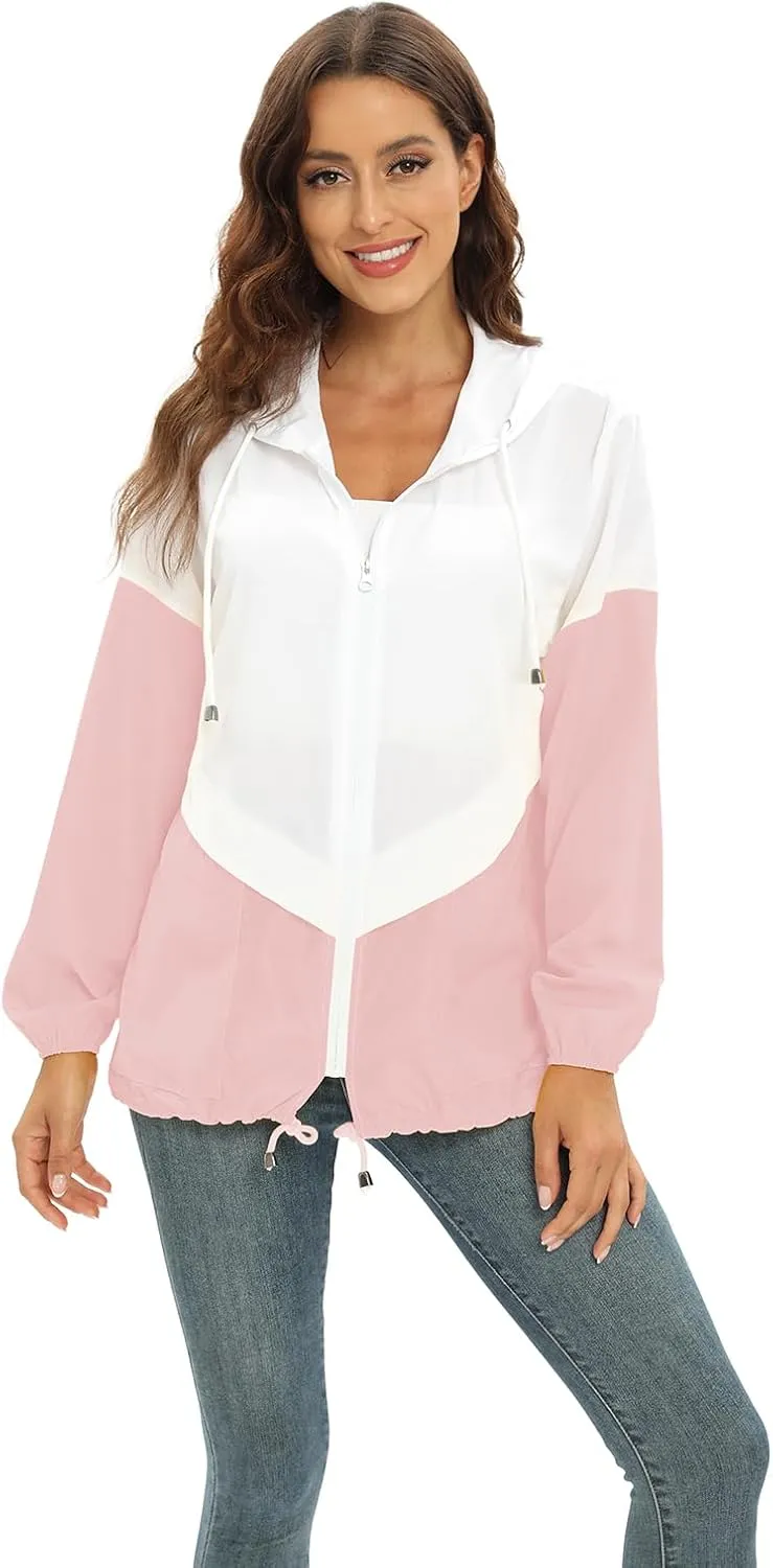 Womens Casual Jacket Waterproof Raincoat Lightweight Rain Jacket Hooded Windbreaker Outerwear with Pockets