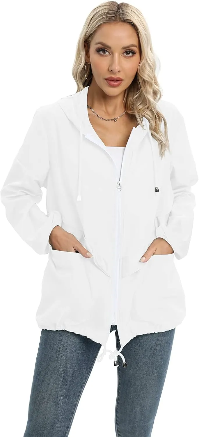 Womens Casual Jacket Waterproof Raincoat Lightweight Rain Jacket Hooded Windbreaker Outerwear with Pockets