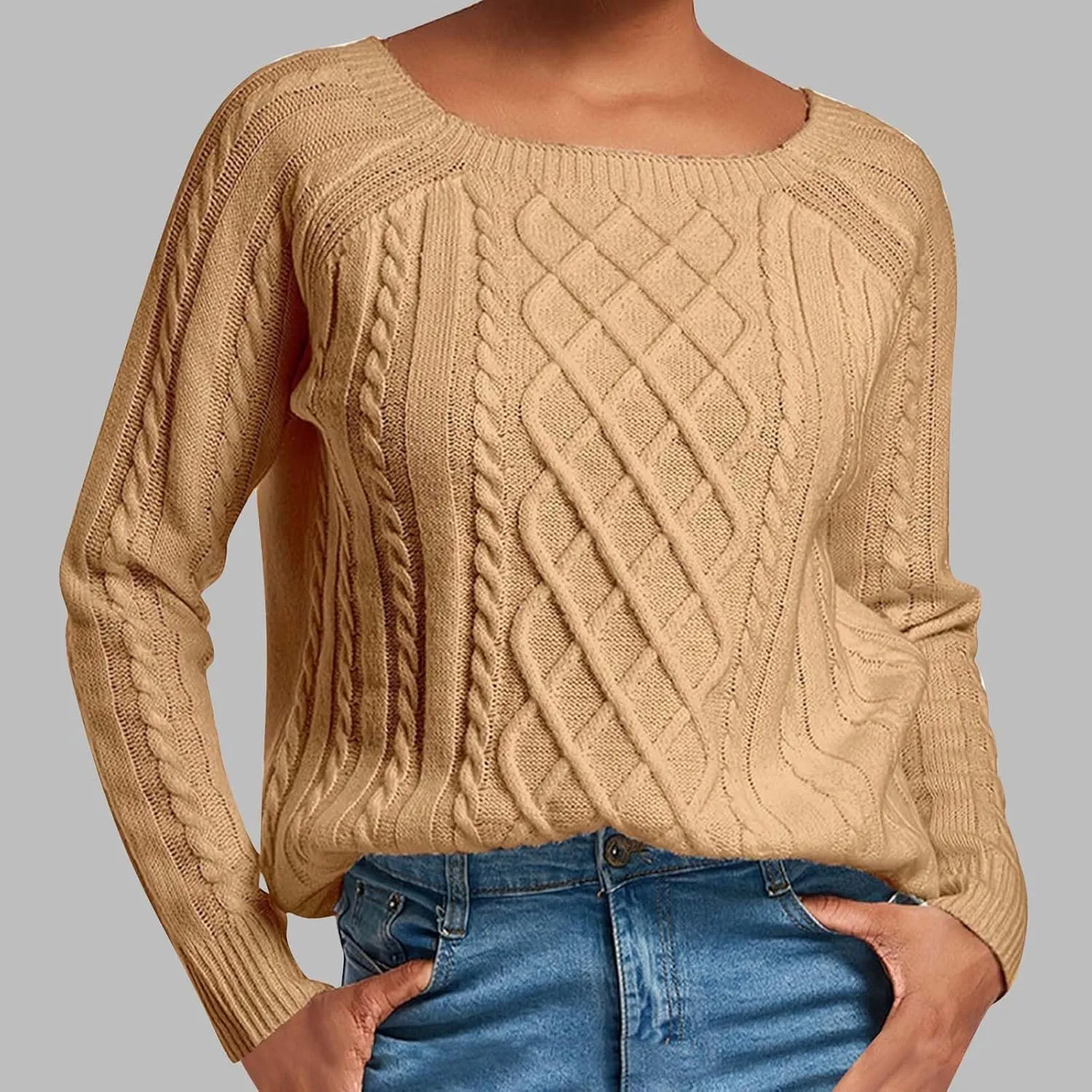 Women's Casual Sweater 2024 Striped Knitted Solid Color Crewneck Pullover Long Sleeve Baggy Chunky Fit Winter Clothes