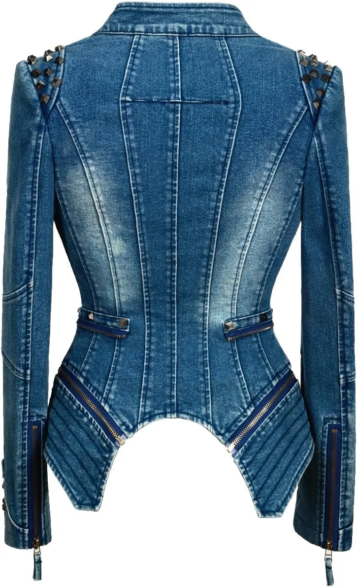 Women's Classic Denim Jacket Personality Studded Punk Motorcycle Dovetail Jacket