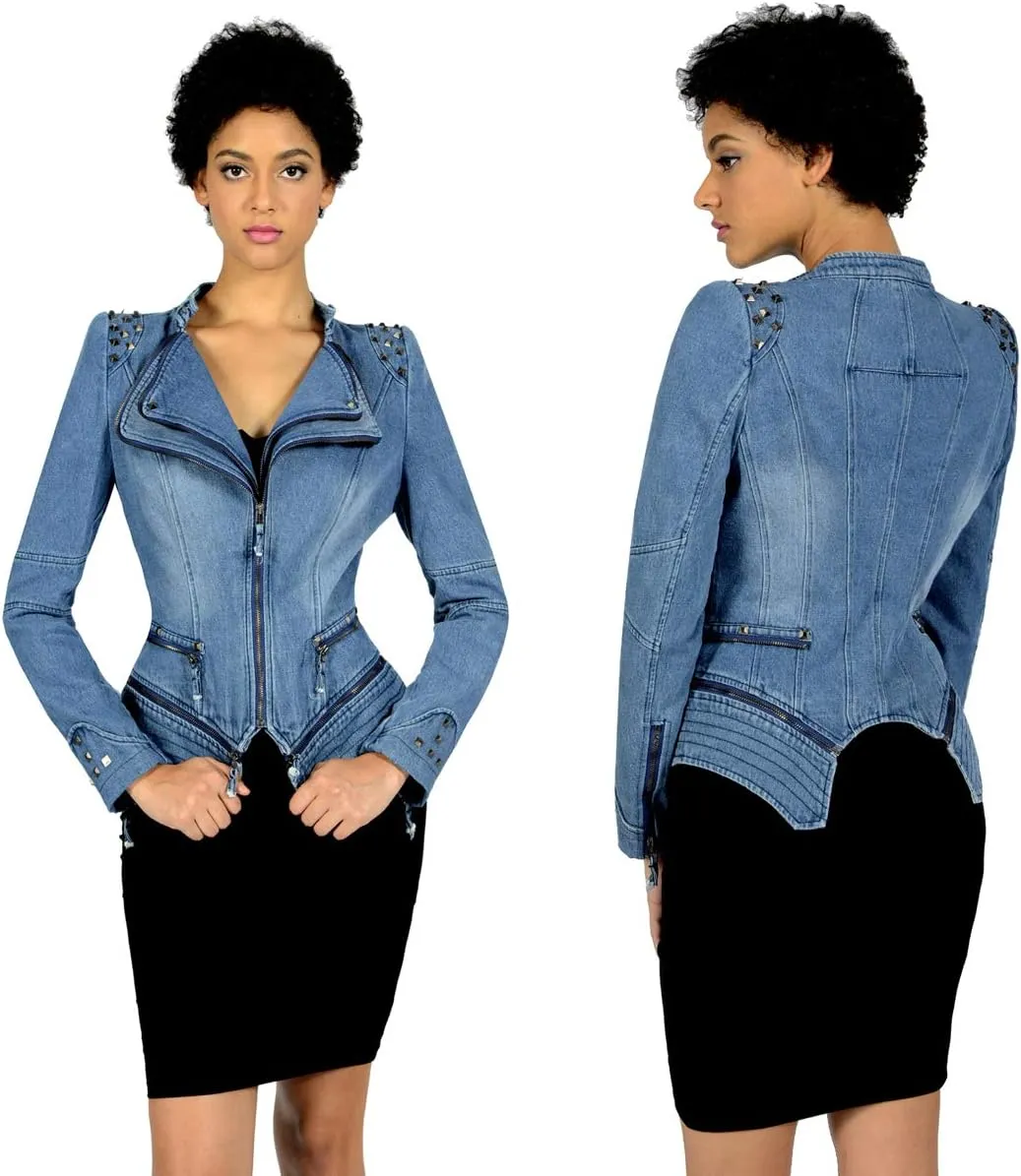 Women's Classic Denim Jacket Personality Studded Punk Motorcycle Dovetail Jacket