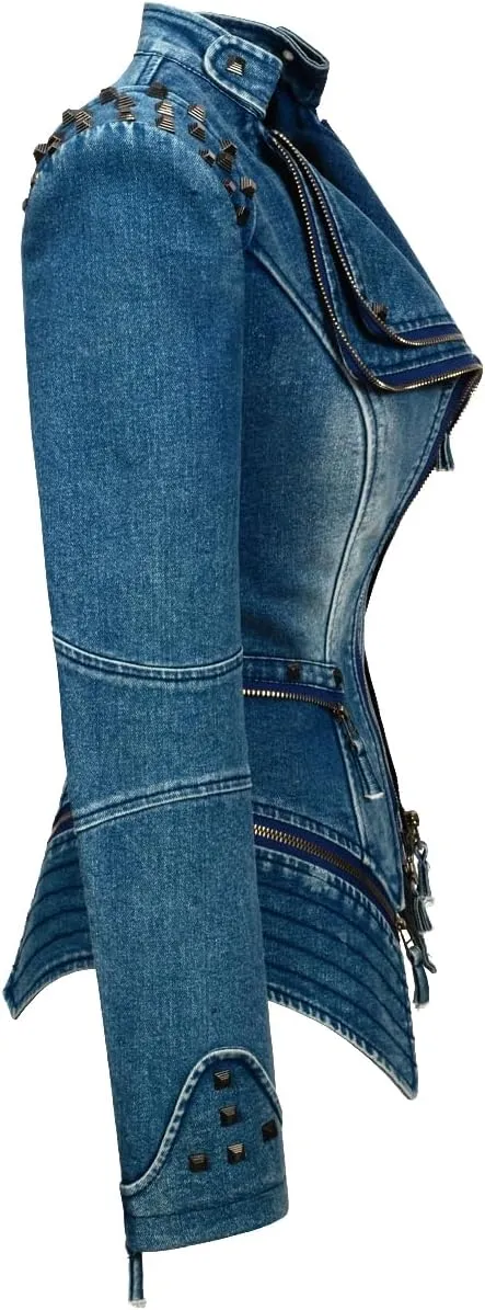 Women's Classic Denim Jacket Personality Studded Punk Motorcycle Dovetail Jacket