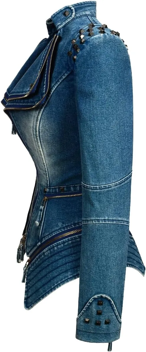 Women's Classic Denim Jacket Personality Studded Punk Motorcycle Dovetail Jacket