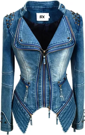 Women's Classic Denim Jacket Personality Studded Punk Motorcycle Dovetail Jacket