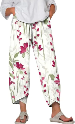 Womens Clearance Clothing Womens Plus Size Pants Trendy Daisy Print Summer Tulip Hem Casual Pants Elastic Waist Trouser Pants with Pockets, Small, 01 Red