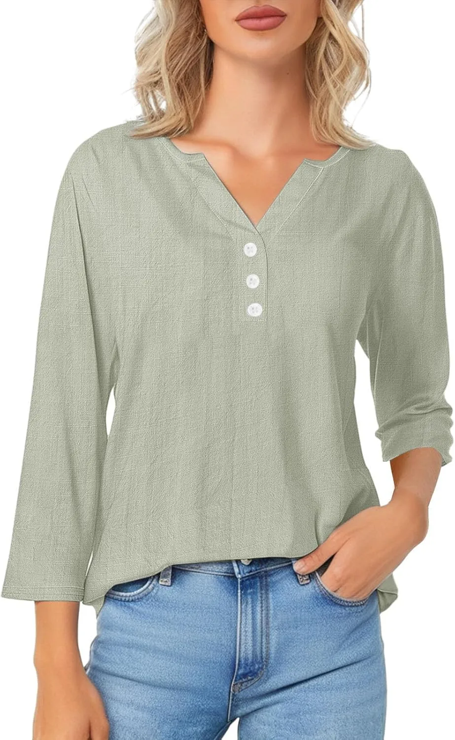 Womens Cotton Linen 3/4 Sleeve Tops Button Down Casual V Neck Tshirt Solid Color Basic Tee Shirts Summer Tunic Blouse