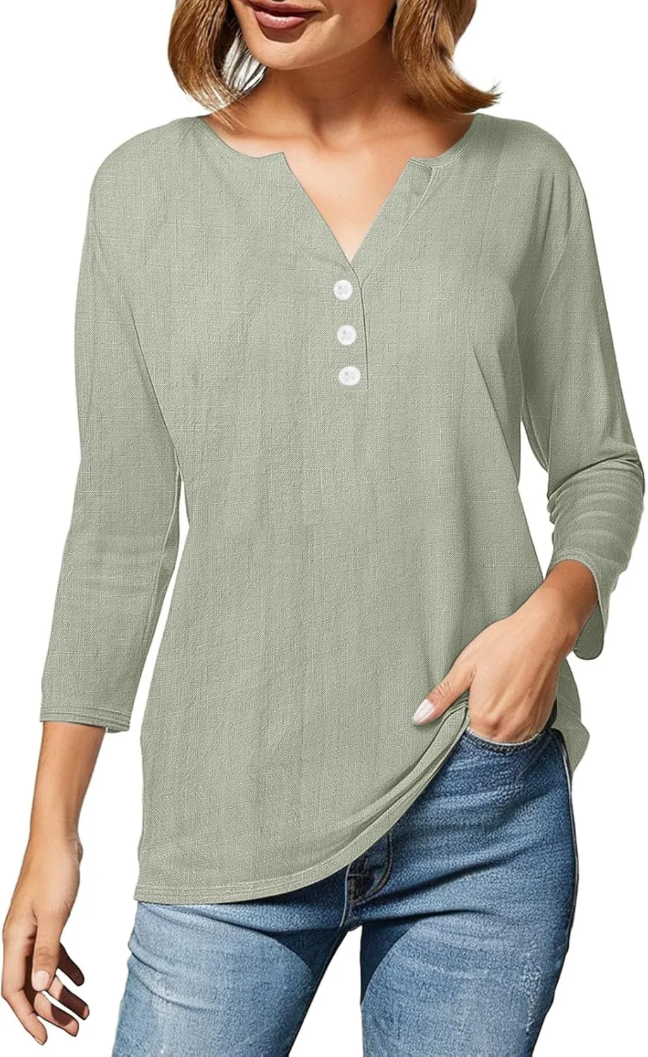 Womens Cotton Linen 3/4 Sleeve Tops Button Down Casual V Neck Tshirt Solid Color Basic Tee Shirts Summer Tunic Blouse