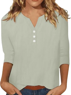Womens Cotton Linen 3/4 Sleeve Tops Button Down Casual V Neck Tshirt Solid Color Basic Tee Shirts Summer Tunic Blouse