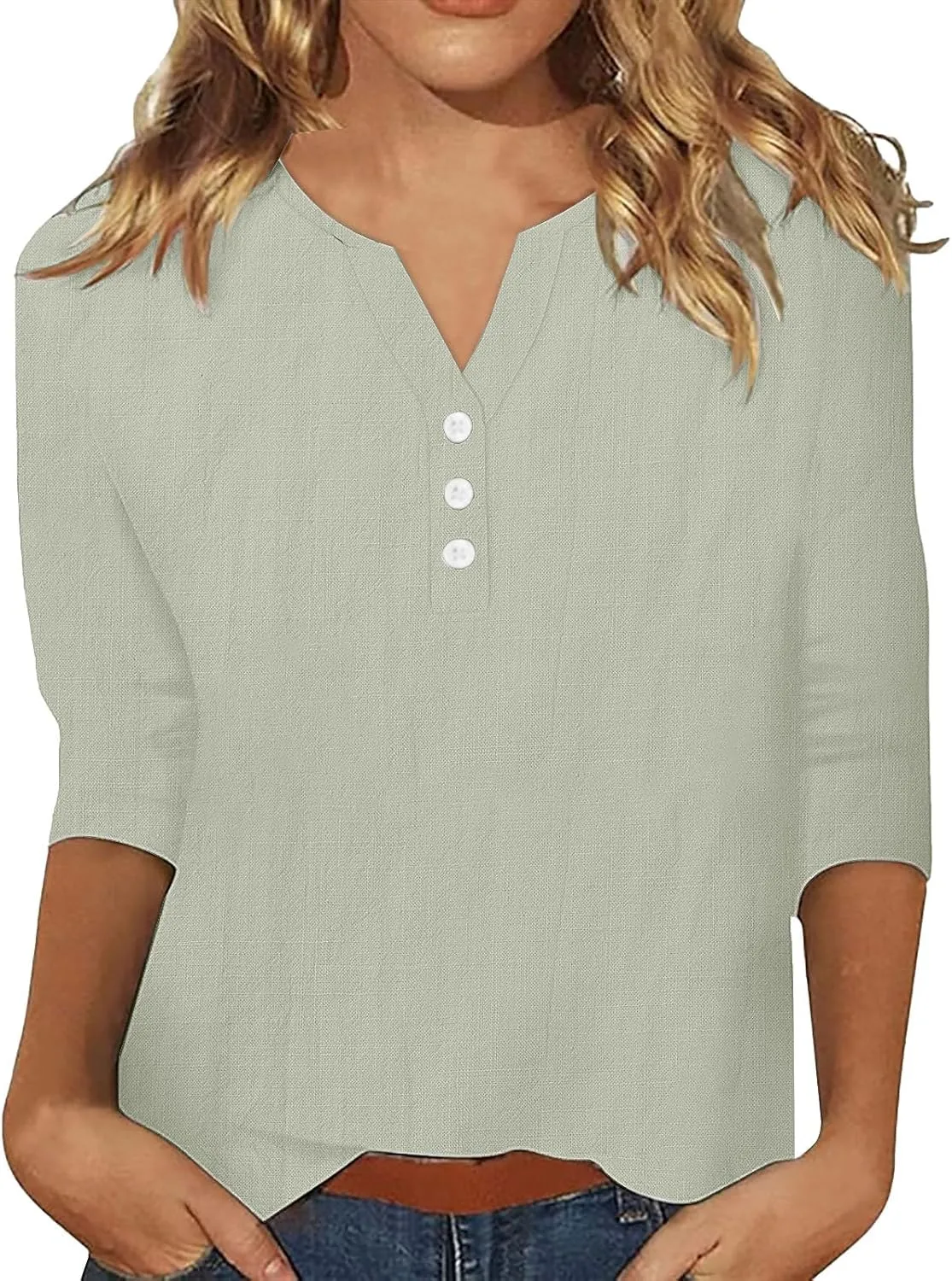 Womens Cotton Linen 3/4 Sleeve Tops Button Down Casual V Neck Tshirt Solid Color Basic Tee Shirts Summer Tunic Blouse