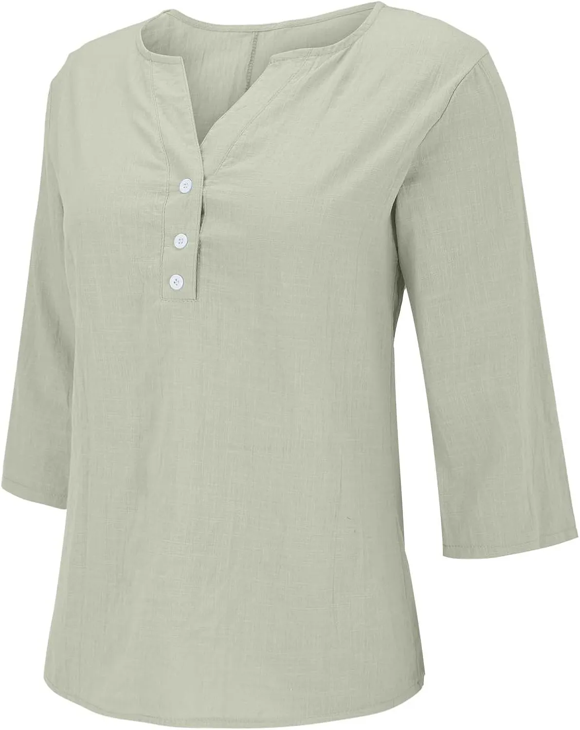 Womens Cotton Linen 3/4 Sleeve Tops Button Down Casual V Neck Tshirt Solid Color Basic Tee Shirts Summer Tunic Blouse