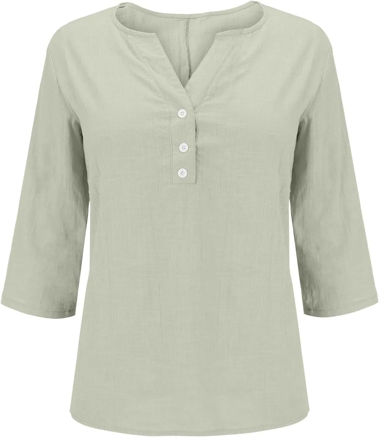 Womens Cotton Linen 3/4 Sleeve Tops Button Down Casual V Neck Tshirt Solid Color Basic Tee Shirts Summer Tunic Blouse