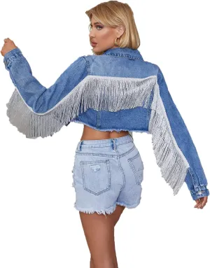 Women’s Crop Denim Jacket Tassel Casual Jean Coat With Fringe
