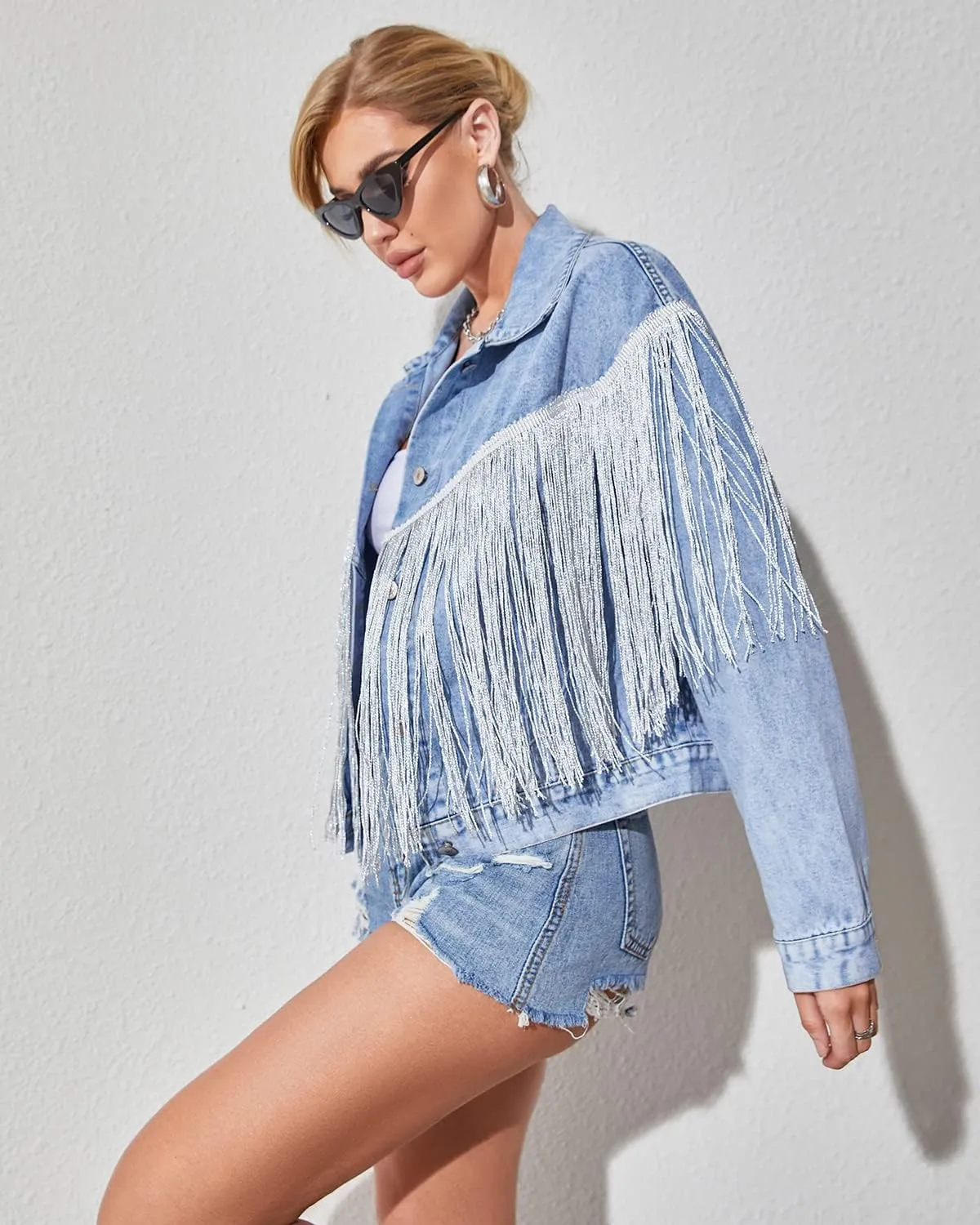 Women’s Crop Denim Jacket Tassel Casual Jean Coat With Fringe