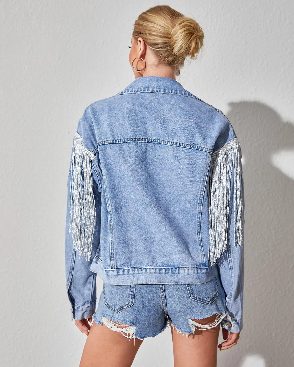 Women’s Crop Denim Jacket Tassel Casual Jean Coat With Fringe