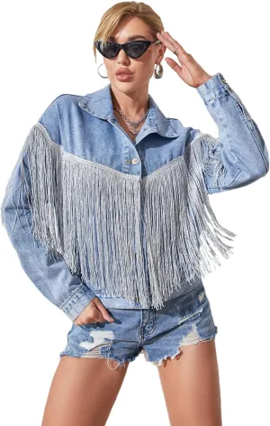 Women’s Crop Denim Jacket Tassel Casual Jean Coat With Fringe