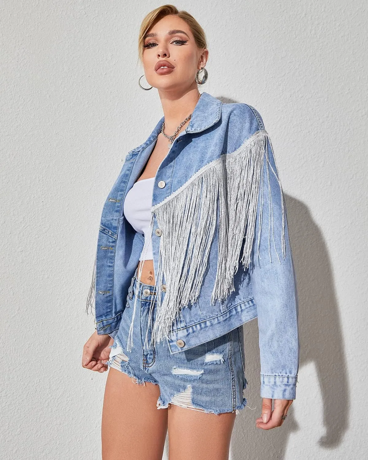 Women’s Crop Denim Jacket Tassel Casual Jean Coat With Fringe