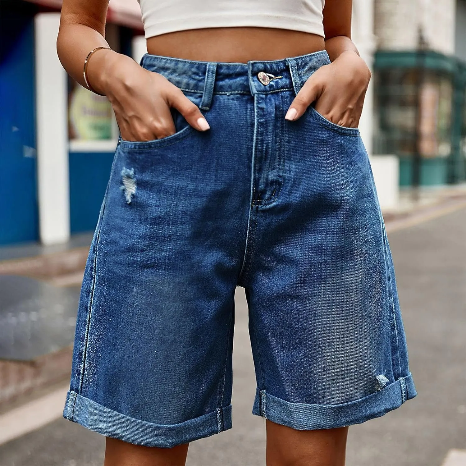 Womens Denim Bermuda Shorts High Waisted Stretchy Cuffed Long Jean Shorts Knee Length Ripped Wide Leg Baggy Jorts