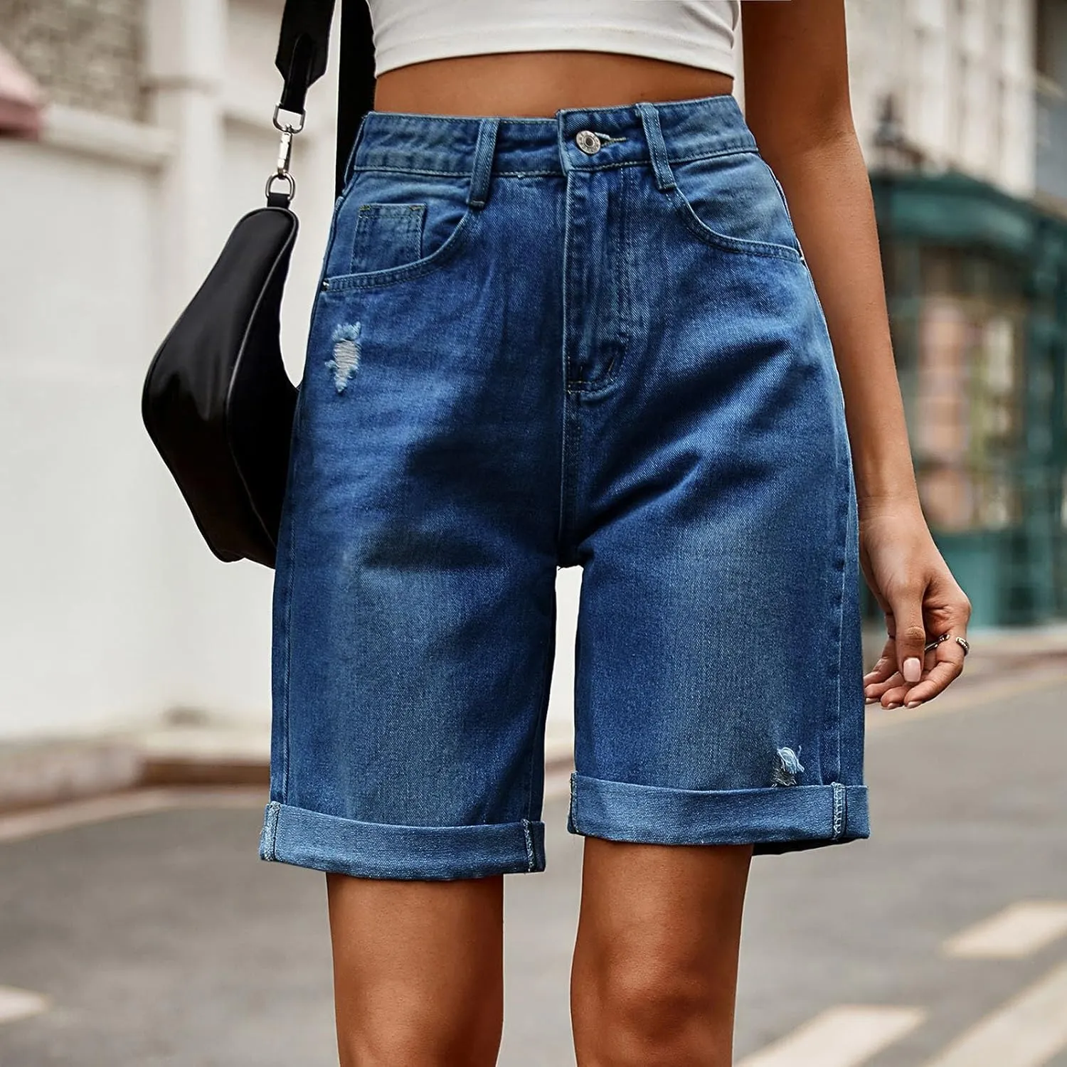 Womens Denim Bermuda Shorts High Waisted Stretchy Cuffed Long Jean Shorts Knee Length Ripped Wide Leg Baggy Jorts