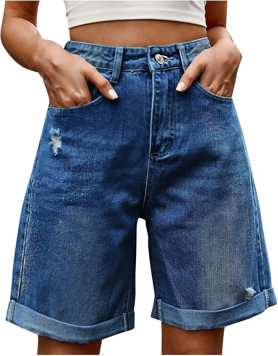 Womens Denim Bermuda Shorts High Waisted Stretchy Cuffed Long Jean Shorts Knee Length Ripped Wide Leg Baggy Jorts
