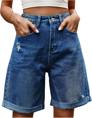 Womens Denim Bermuda Shorts High Waisted Stretchy Cuffed Long Jean Shorts Knee Length Ripped Wide Leg Baggy Jorts