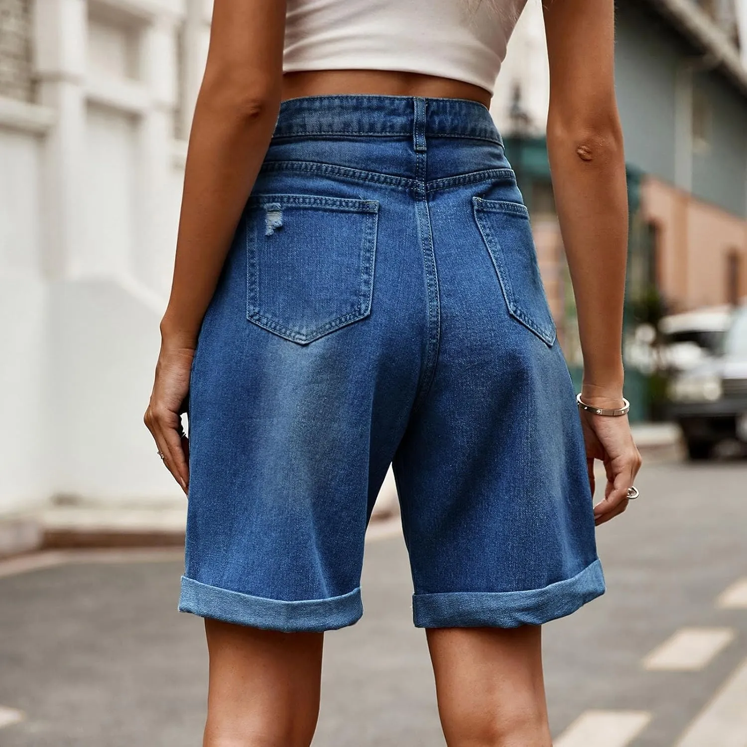 Womens Denim Bermuda Shorts High Waisted Stretchy Cuffed Long Jean Shorts Knee Length Ripped Wide Leg Baggy Jorts
