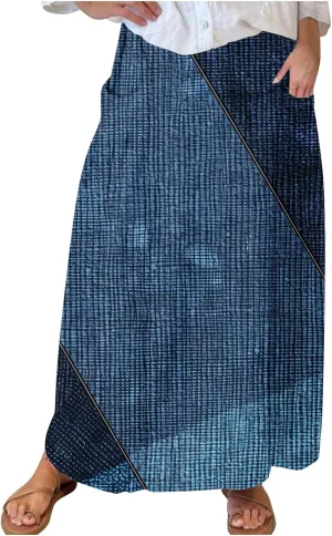 Womens Denim Printed Elastic Belt Curvy Women Pleated Pocket Skirt Calf Skirt Flowy Pleated Dresses with Belt Pockets