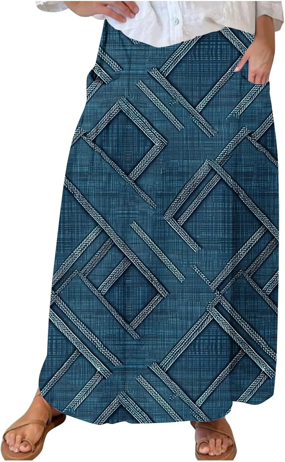 Womens Denim Printed Elastic Belt Curvy Women Pleated Pocket Skirt Calf Skirt Flowy Pleated Dresses with Belt Pockets