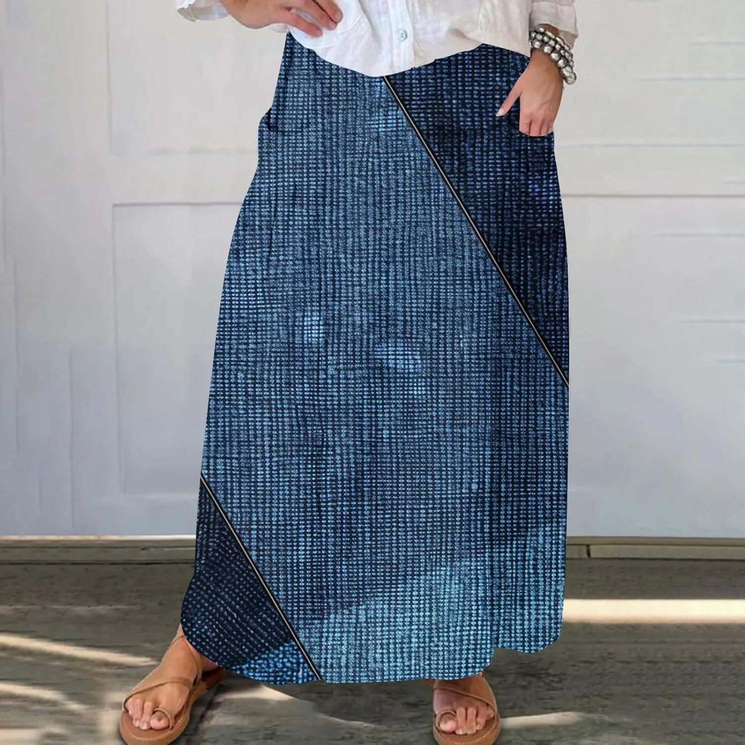 Womens Denim Printed Elastic Belt Curvy Women Pleated Pocket Skirt Calf Skirt Flowy Pleated Dresses with Belt Pockets