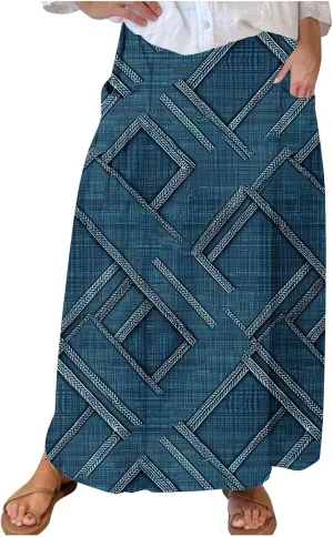 Womens Denim Printed Elastic Belt Curvy Women Pleated Pocket Skirt Calf Skirt Flowy Pleated Dresses with Belt Pockets