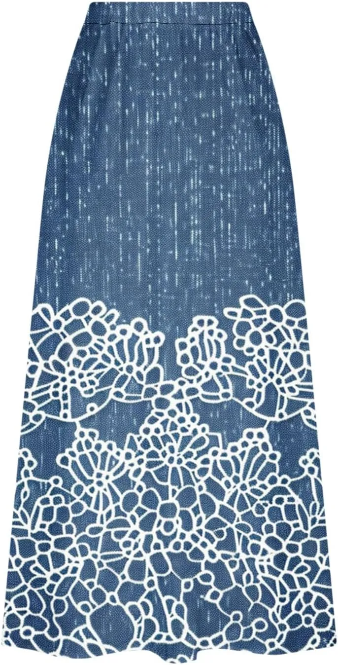 Womens Denim Printed Elastic Belt Curvy Women Pleated Pocket Skirt Calf Skirt Flowy Pleated Dresses with Belt Pockets