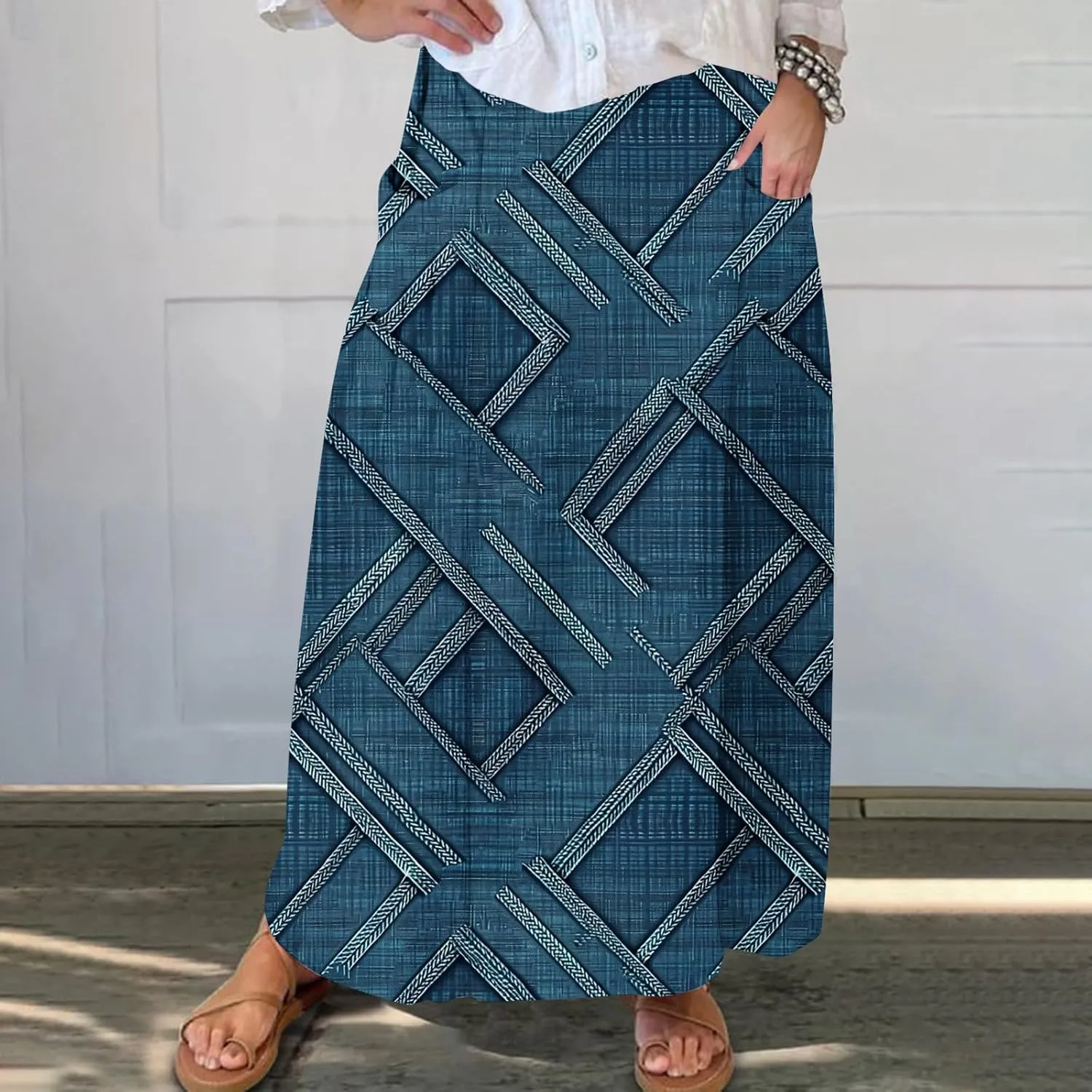 Womens Denim Printed Elastic Belt Curvy Women Pleated Pocket Skirt Calf Skirt Flowy Pleated Dresses with Belt Pockets