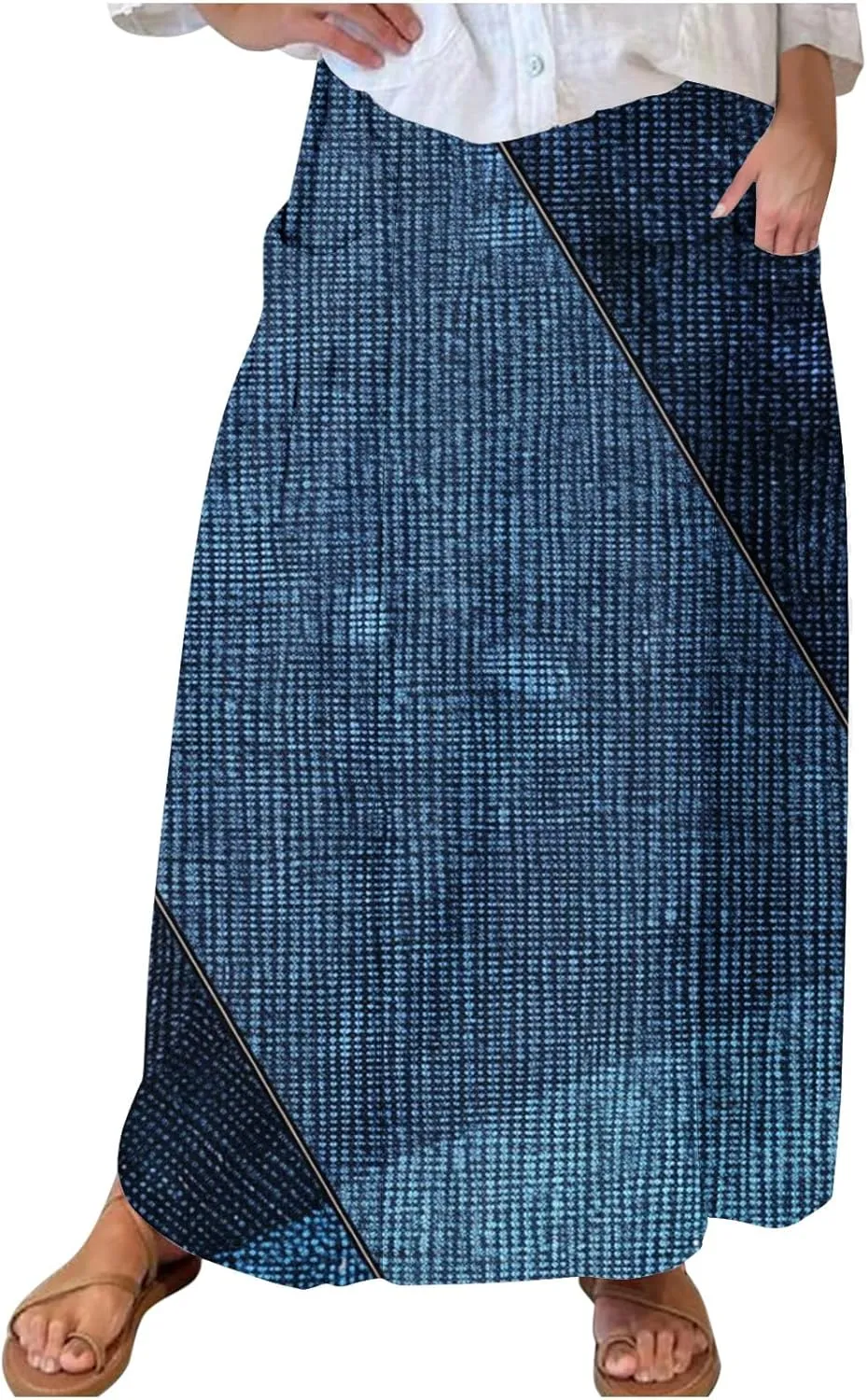 Womens Denim Printed Elastic Belt Curvy Women Pleated Pocket Skirt Calf Skirt Flowy Pleated Dresses with Belt Pockets