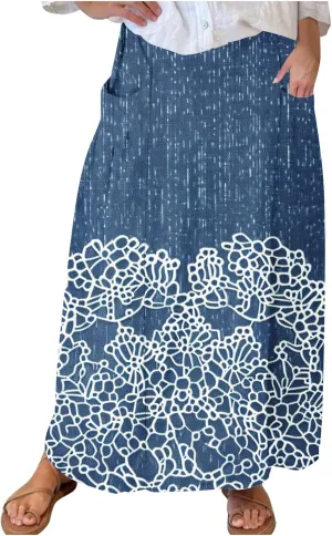 Womens Denim Printed Elastic Belt Curvy Women Pleated Pocket Skirt Calf Skirt Flowy Pleated Dresses with Belt Pockets