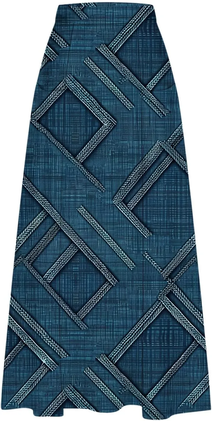 Womens Denim Printed Elastic Belt Curvy Women Pleated Pocket Skirt Calf Skirt Flowy Pleated Dresses with Belt Pockets