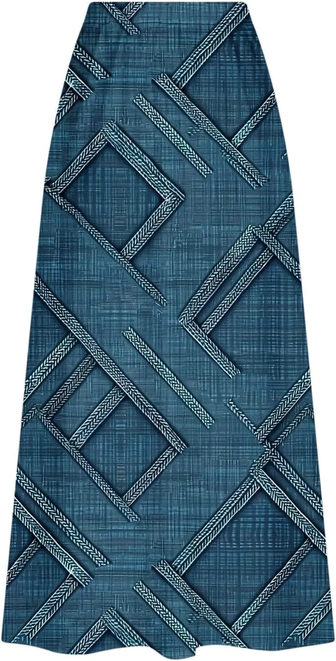 Womens Denim Printed Elastic Belt Curvy Women Pleated Pocket Skirt Calf Skirt Flowy Pleated Dresses with Belt Pockets