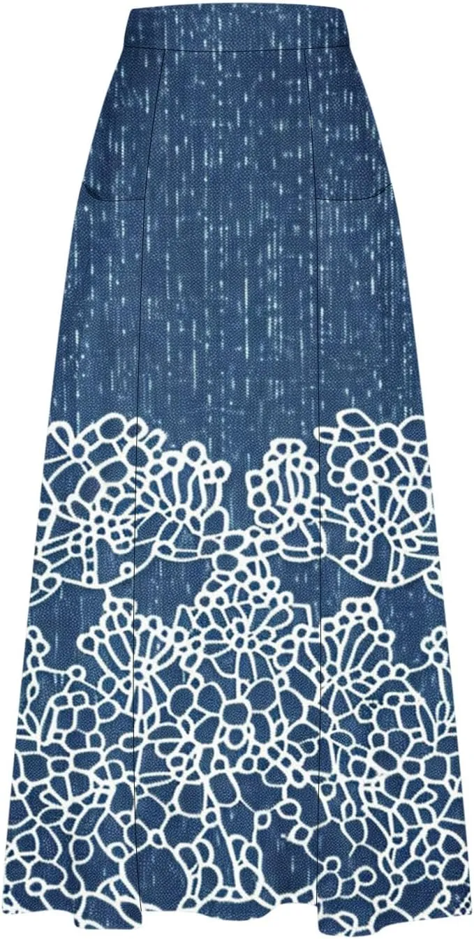 Womens Denim Printed Elastic Belt Curvy Women Pleated Pocket Skirt Calf Skirt Flowy Pleated Dresses with Belt Pockets