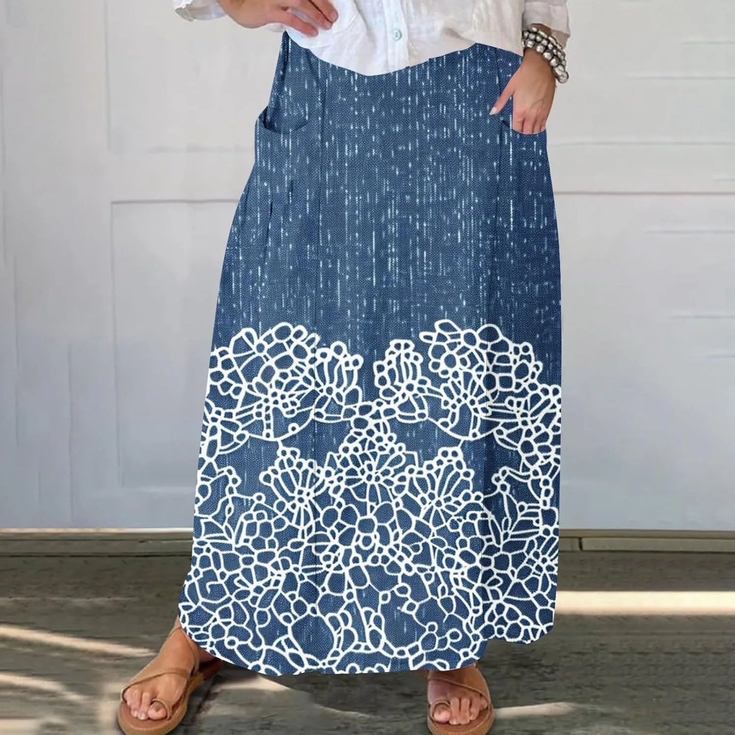 Womens Denim Printed Elastic Belt Curvy Women Pleated Pocket Skirt Calf Skirt Flowy Pleated Dresses with Belt Pockets