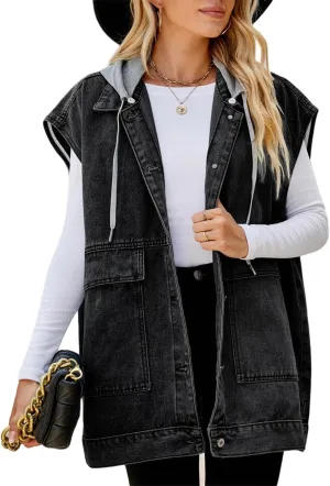 Womens Denim Vest Top Oversized Jean Jacket Sleeveless Button Down Long Denim Vest Waistcoat Shacket with Pockets