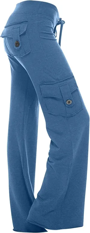 Women's Drawstring Yoga Cargo Pant High Elastic Waist Comfy Sweatpant Multi-Pocket Gym Workout Trouser with Button